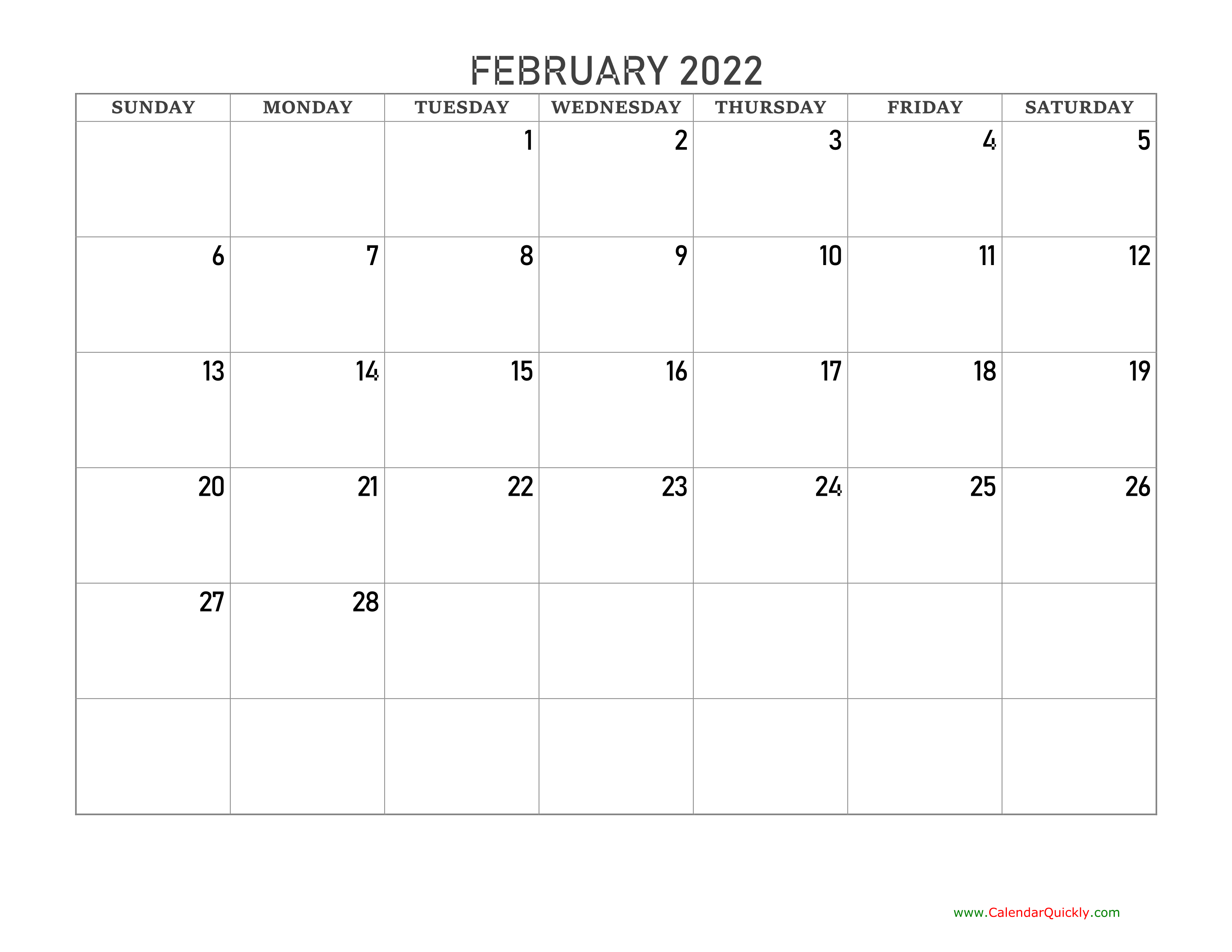 February 2022 Blank Calendar | Calendar Quickly