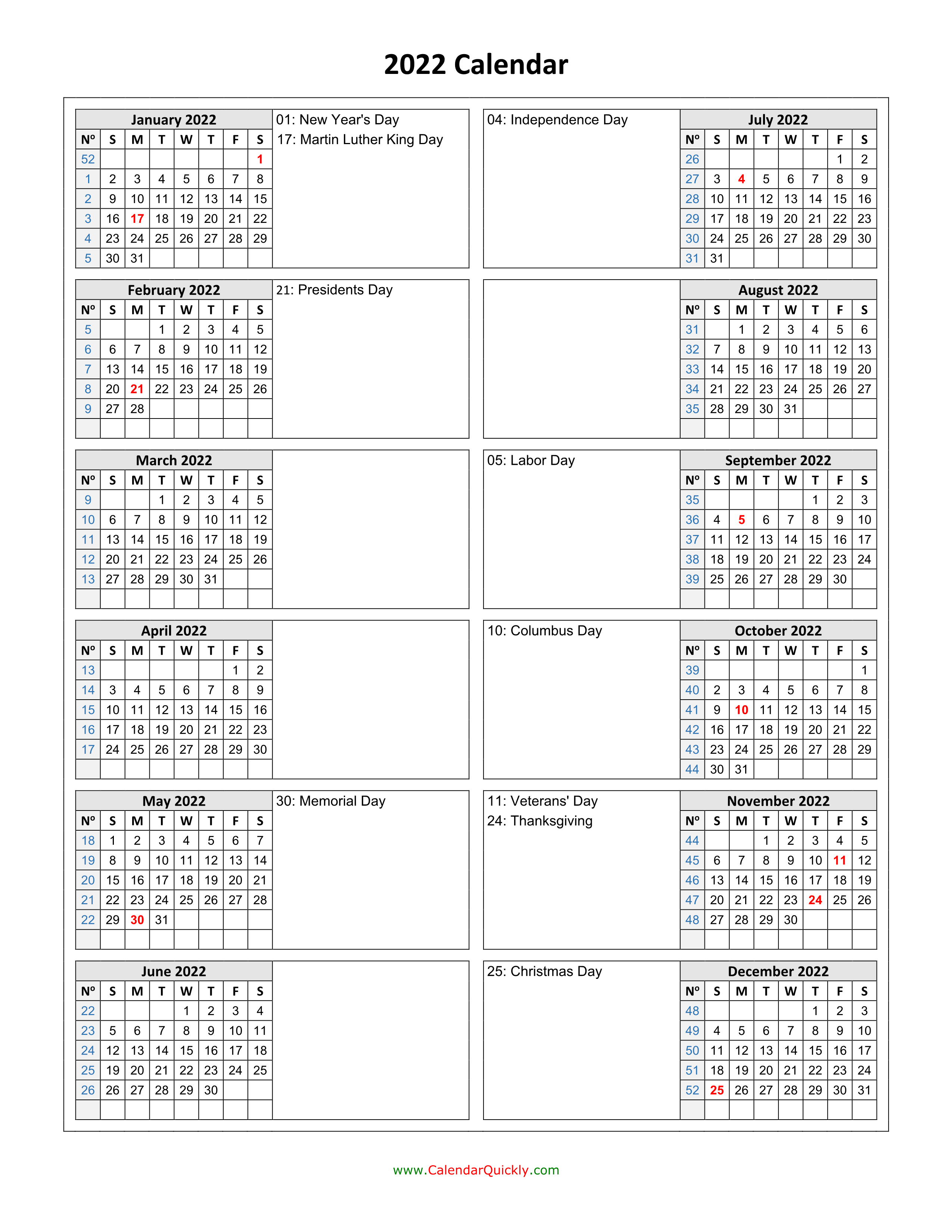 Holidays Calendar 2022 Vertical Calendar Quickly