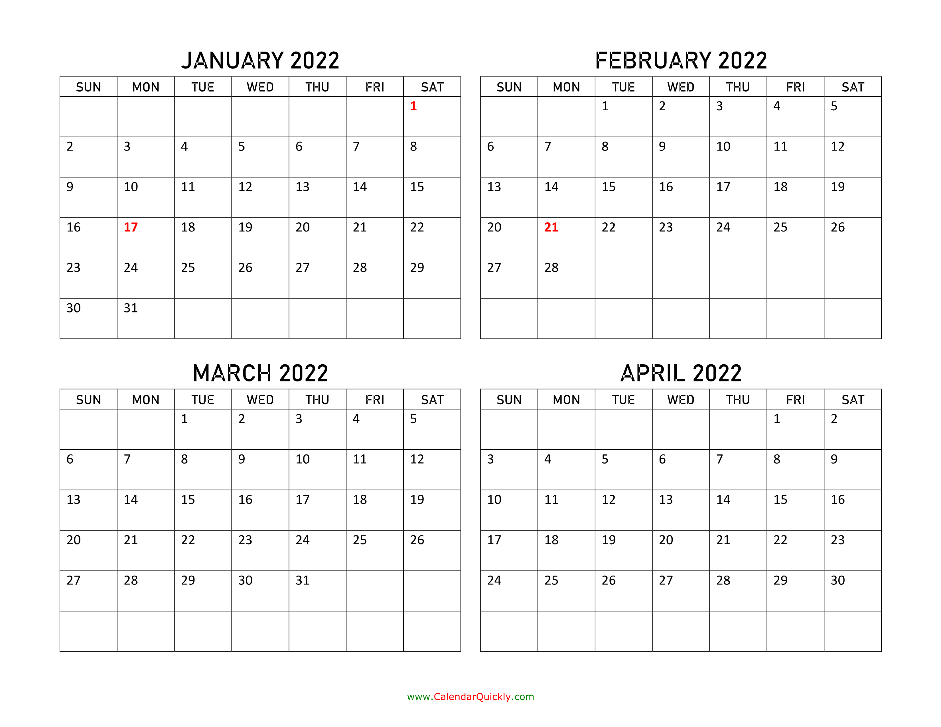 January to April 2022 Calendar Calendar Quickly