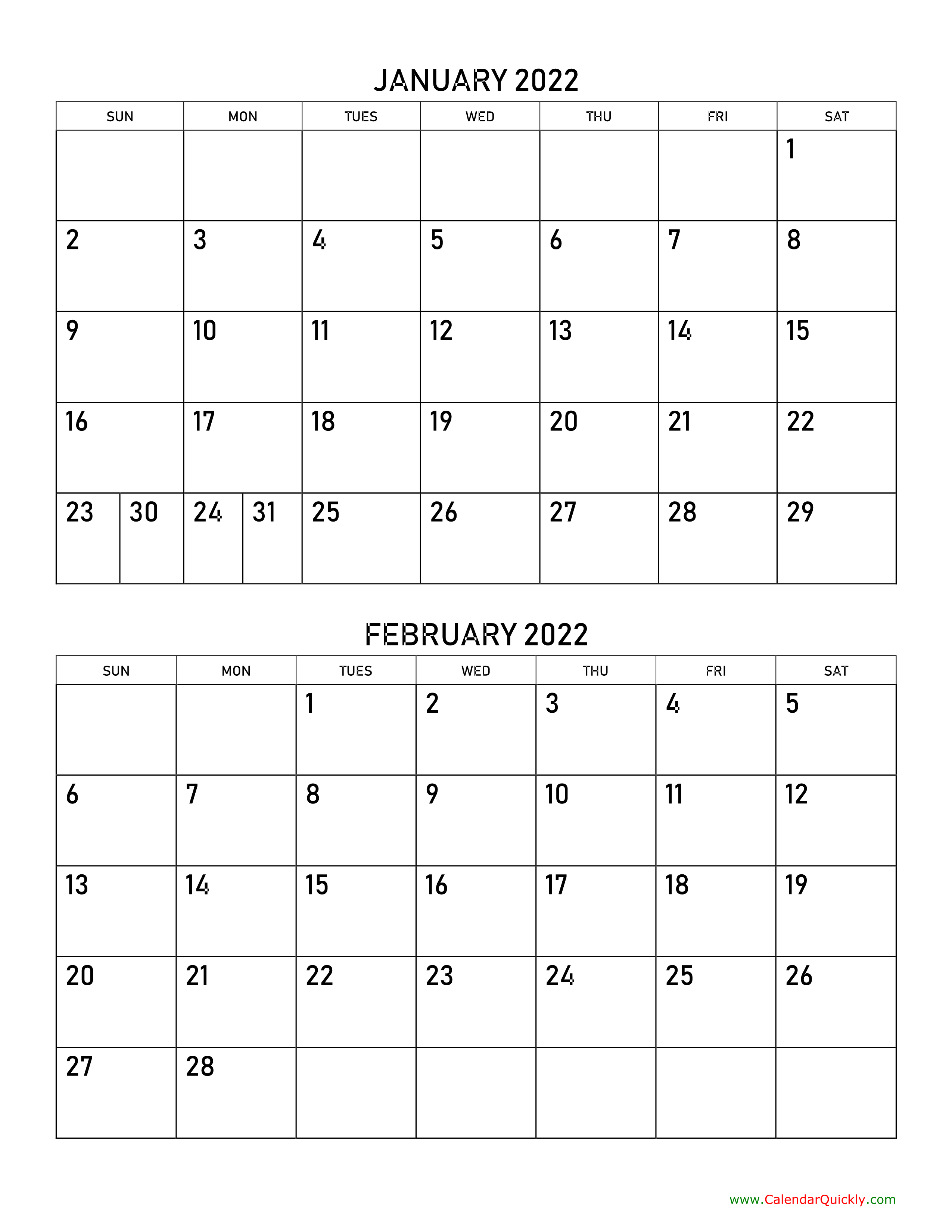 January and February 2022 Calendar Calendar Quickly