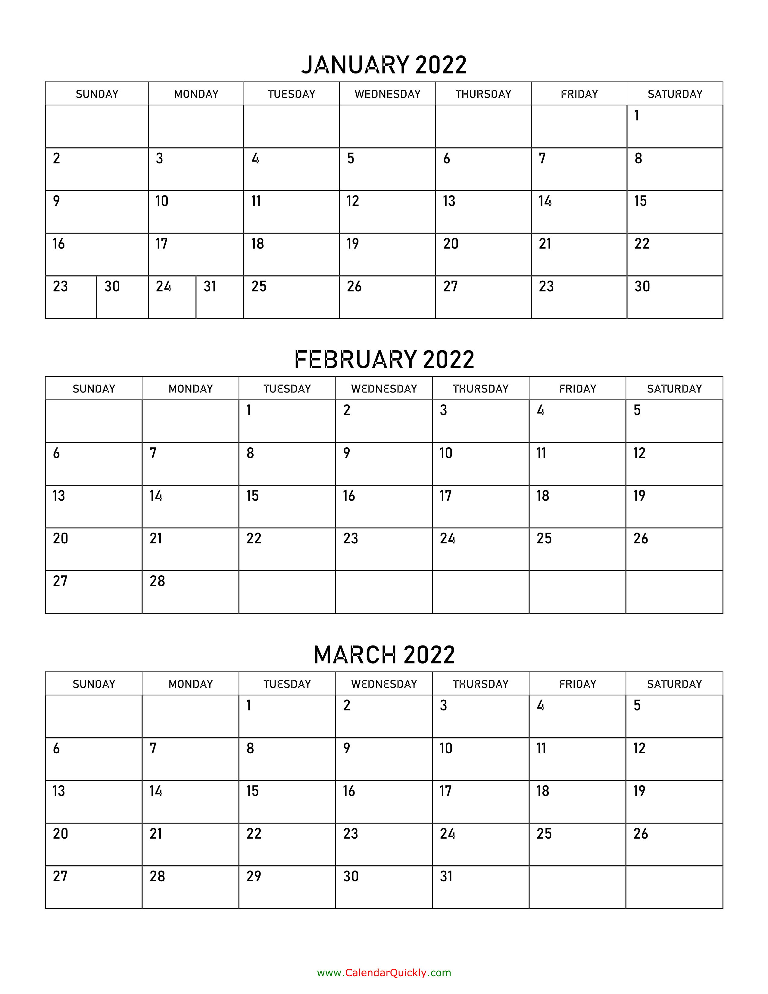 January to March 2022 Calendar Calendar Quickly