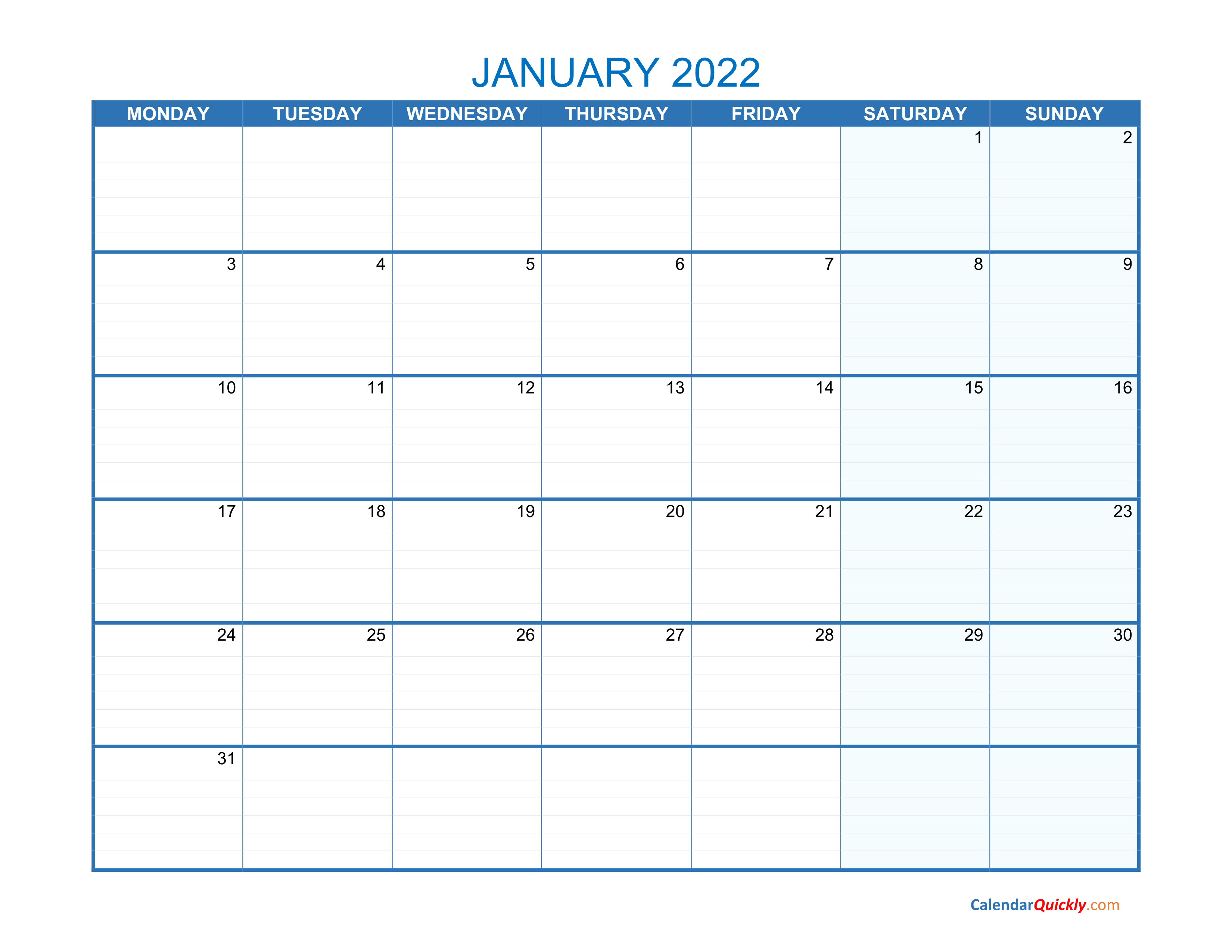 January Monday 2022 Blank Calendar Calendar Quickly