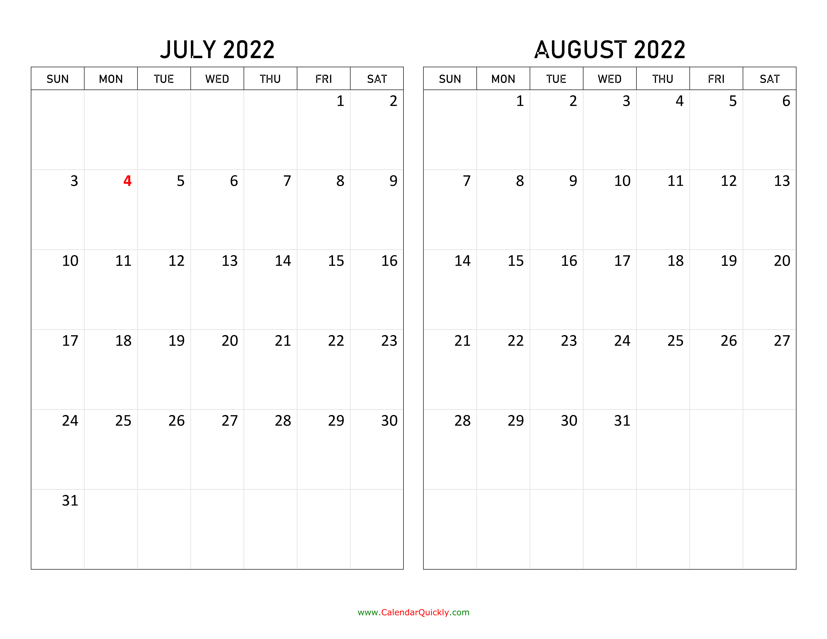 July And August 2022 Calendar Calendar Quickly