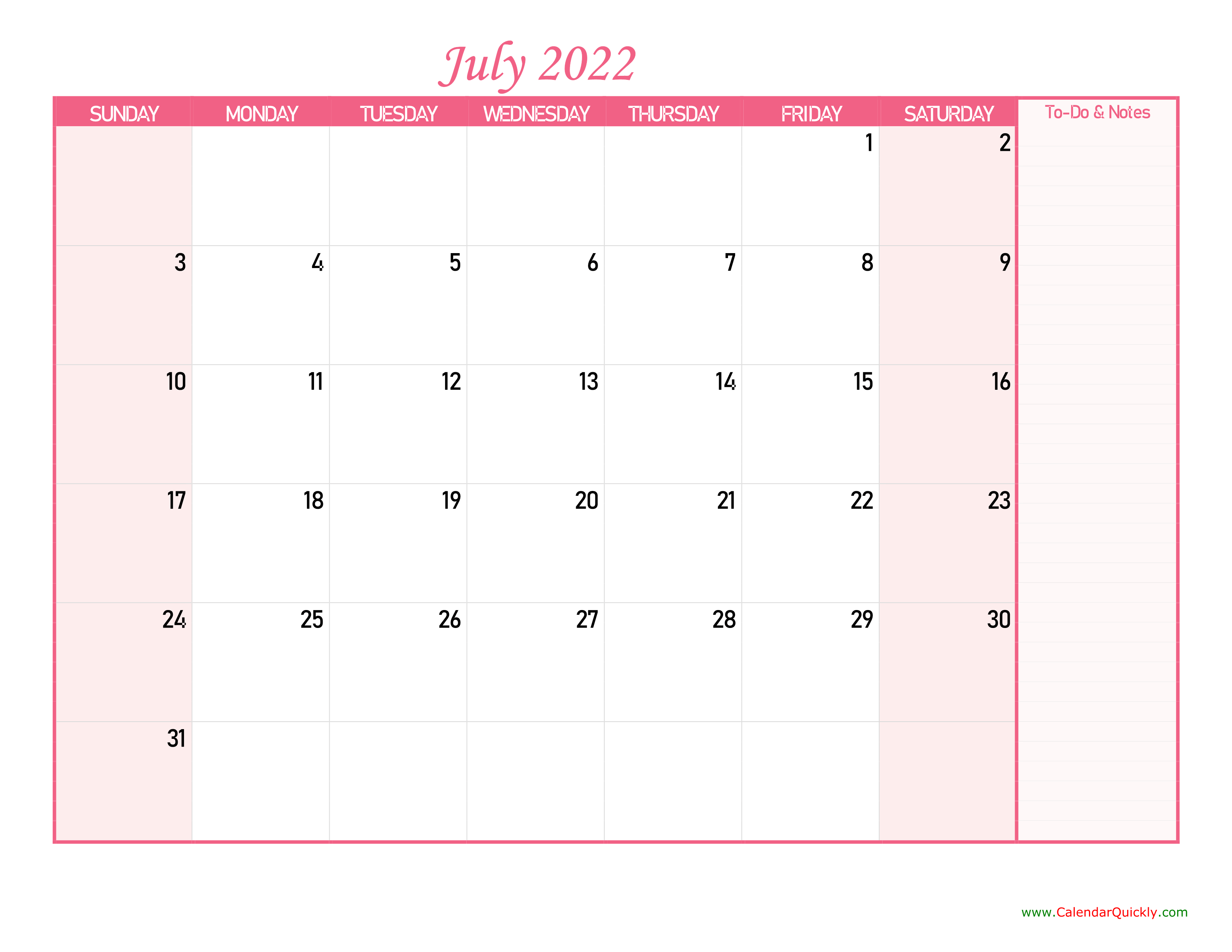 July Calendar 2022 With Notes Calendar Quickly