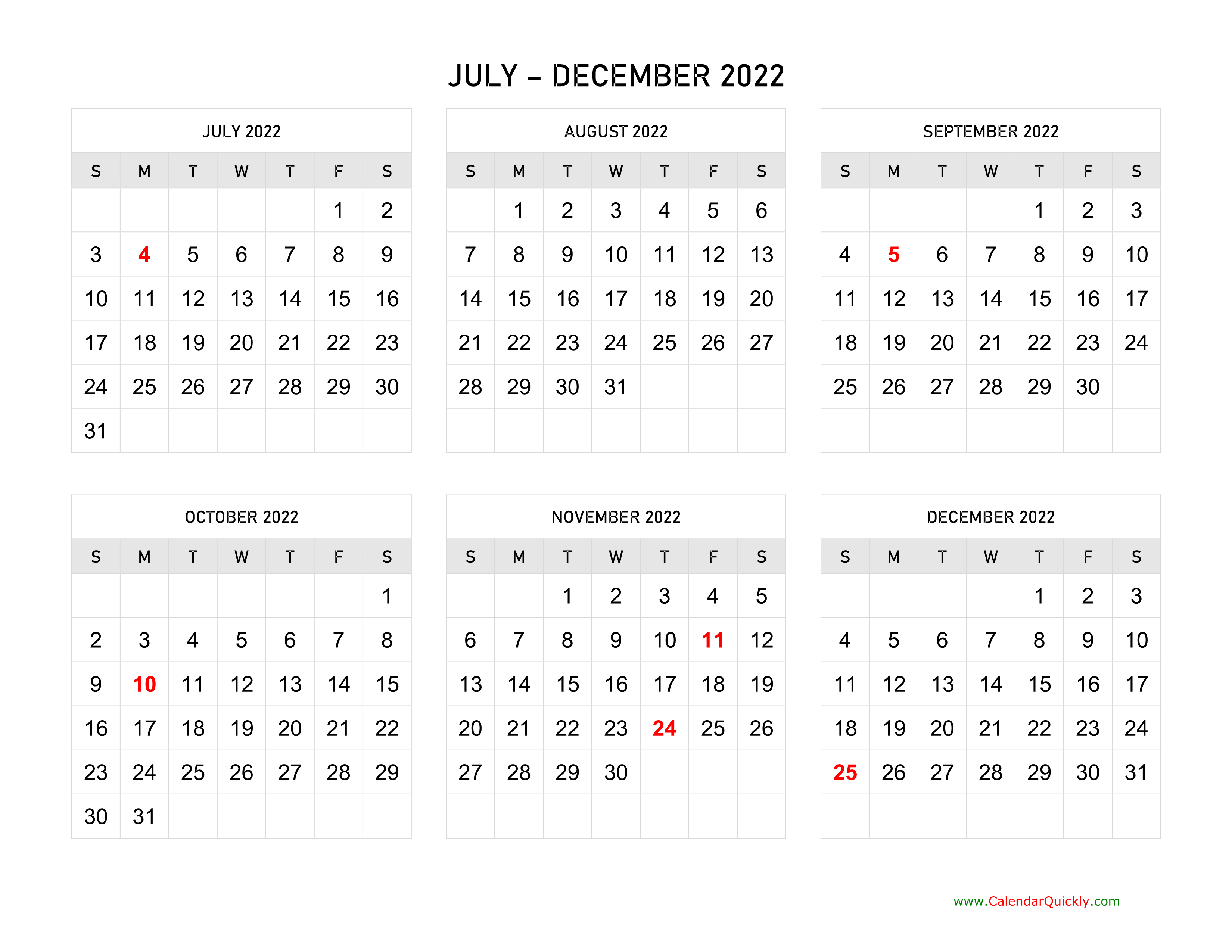 July To December 2022 Calendar Horizontal Calendar Quickly