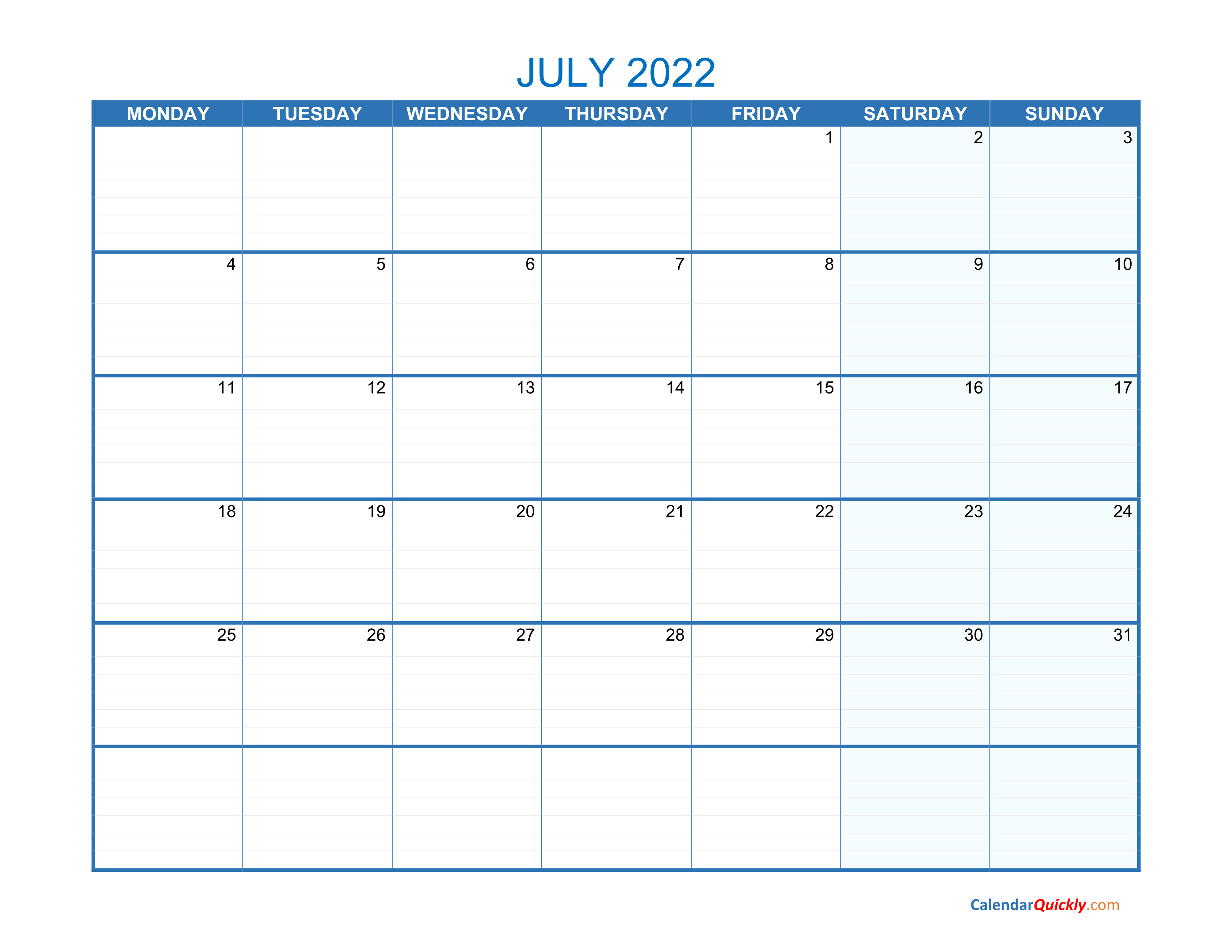 July Monday 2022 Blank Calendar Calendar Quickly