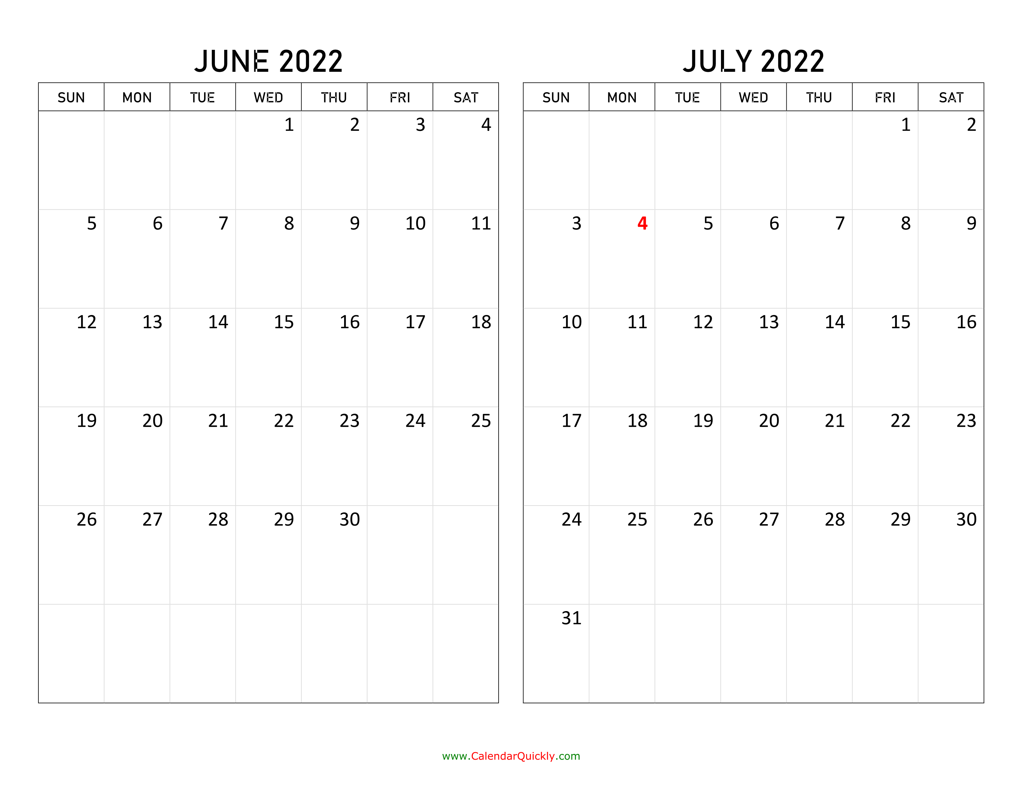 June and July 2022 Calendar Calendar Quickly
