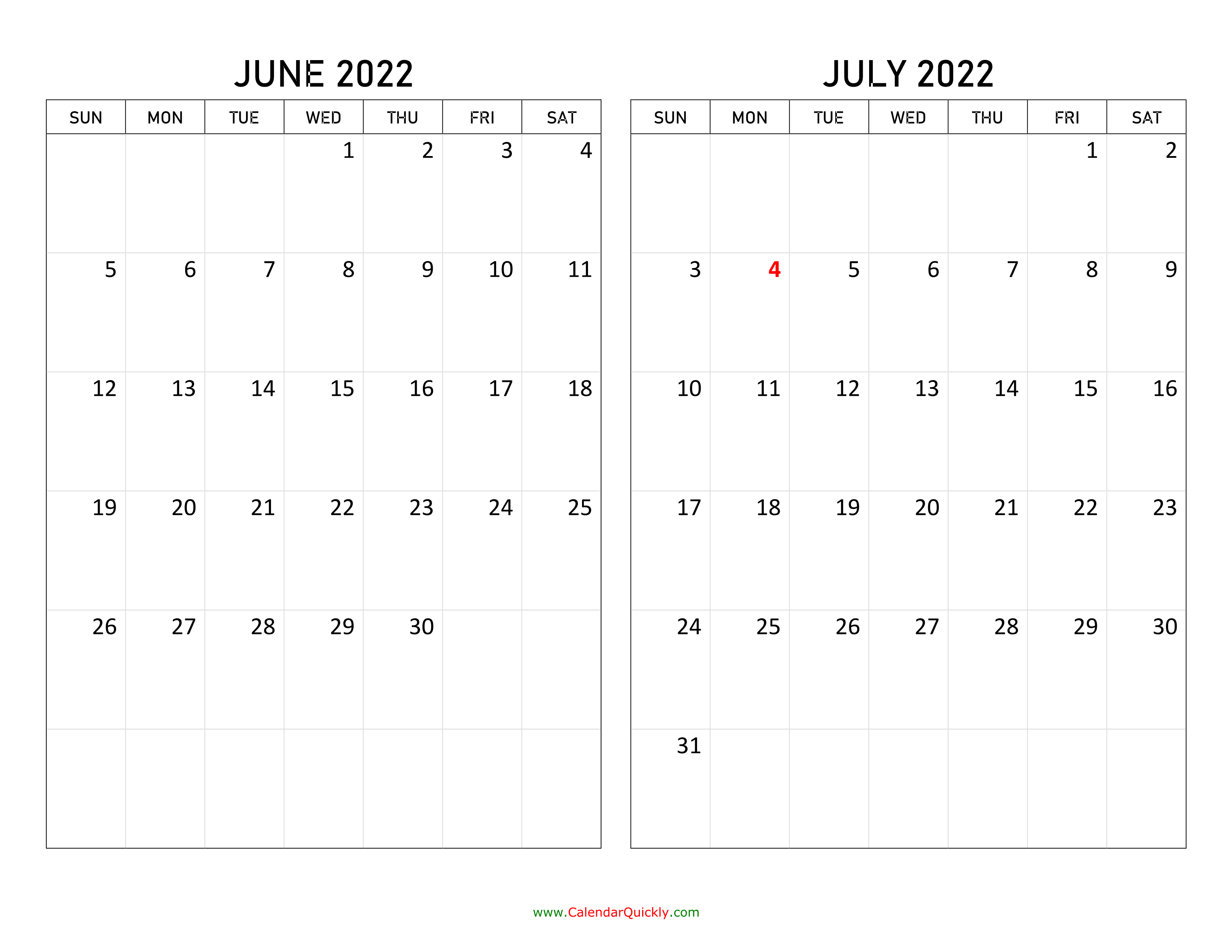 June And July 2022 Calendar Calendar Quickly