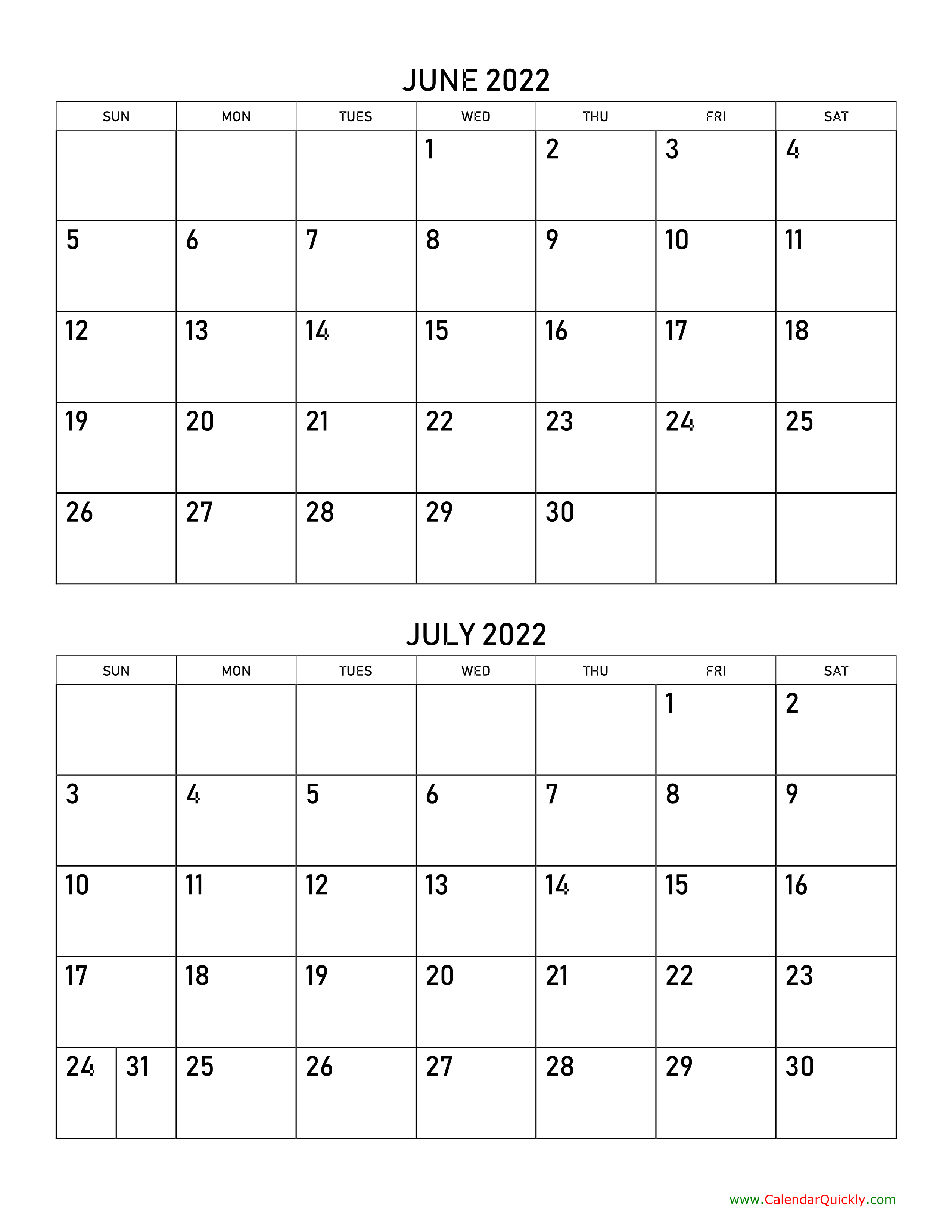 June And July 2022 Calendar Calendar Quickly