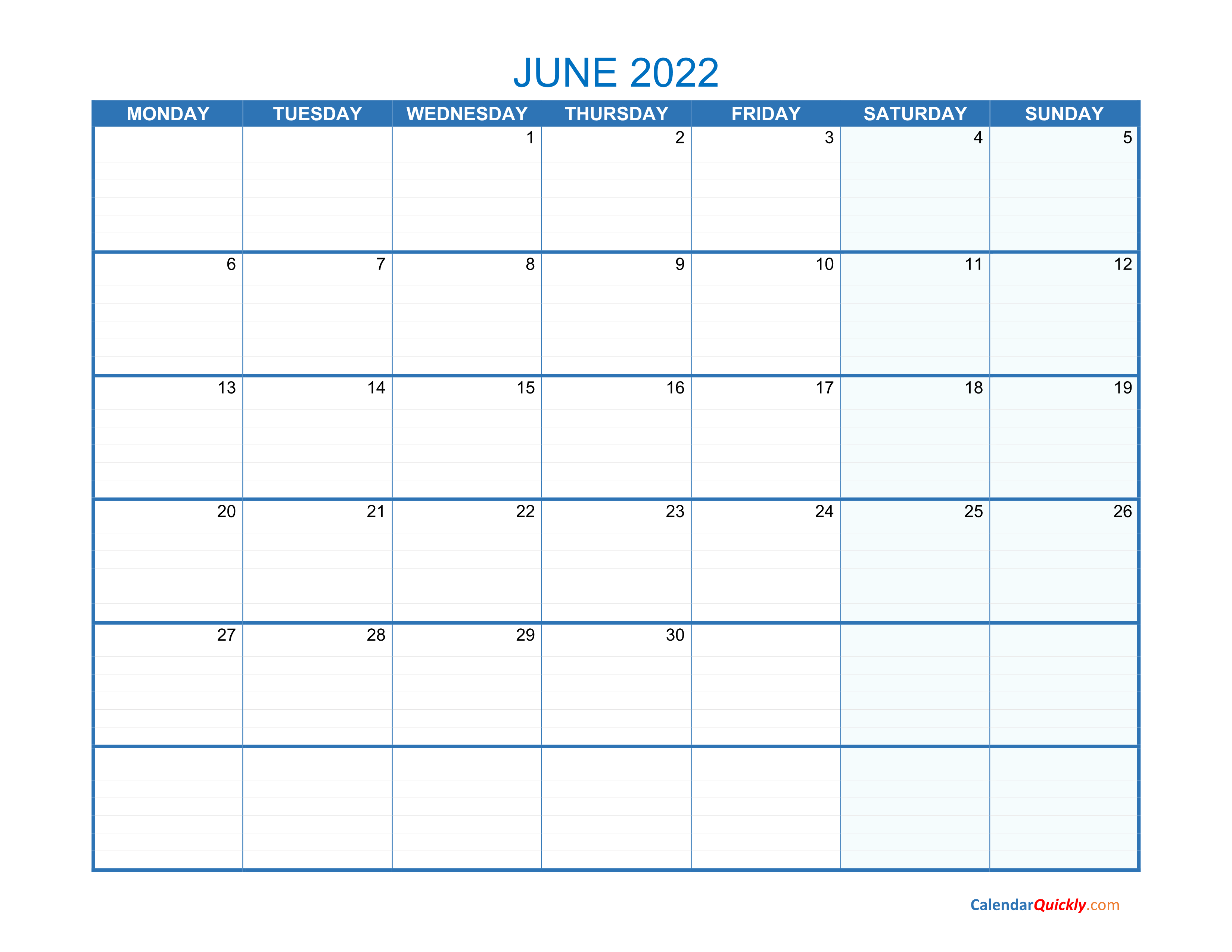 June Monday 2022 Blank Calendar 