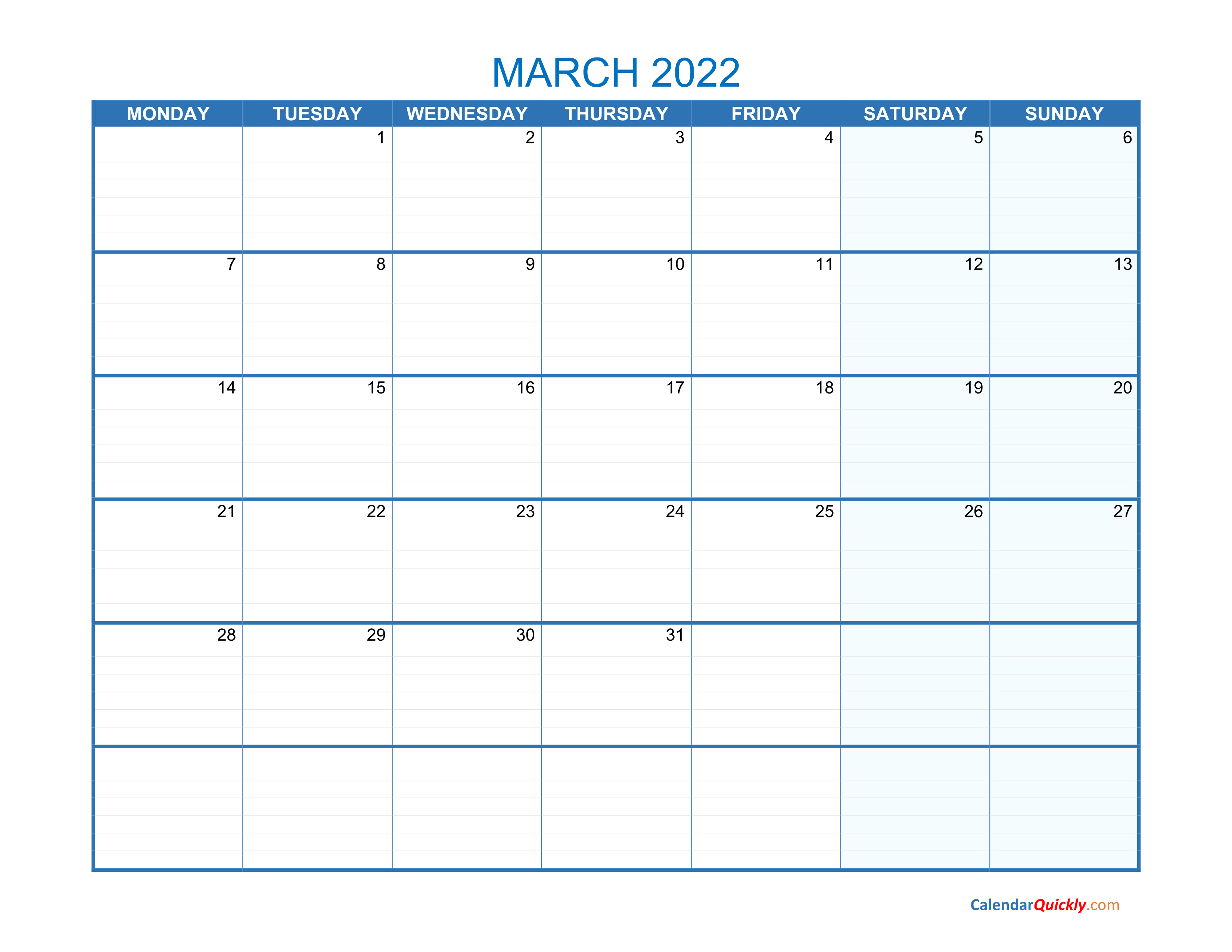 March Monday 2022 Blank Calendar Calendar Quickly
