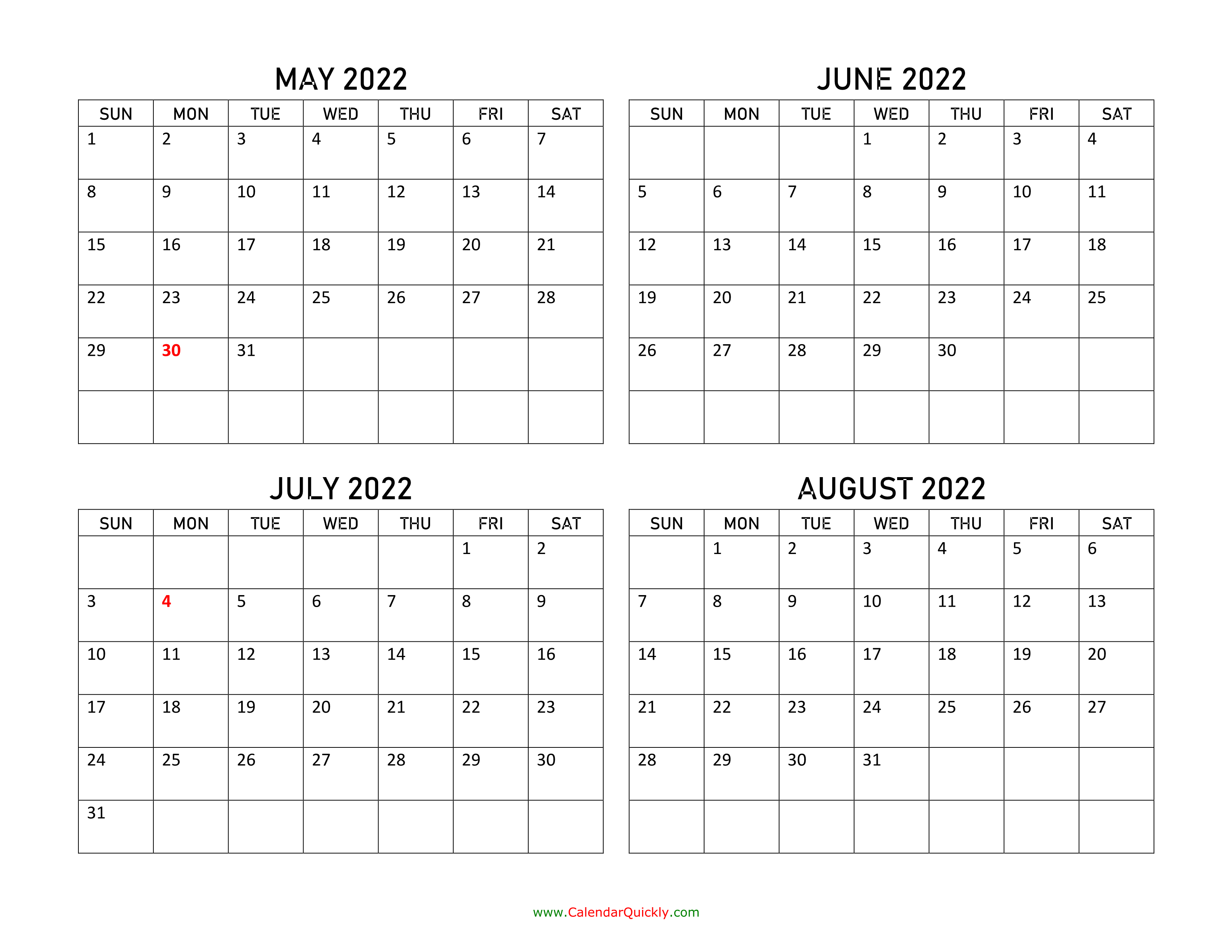May to August 2022 Calendar Calendar Quickly