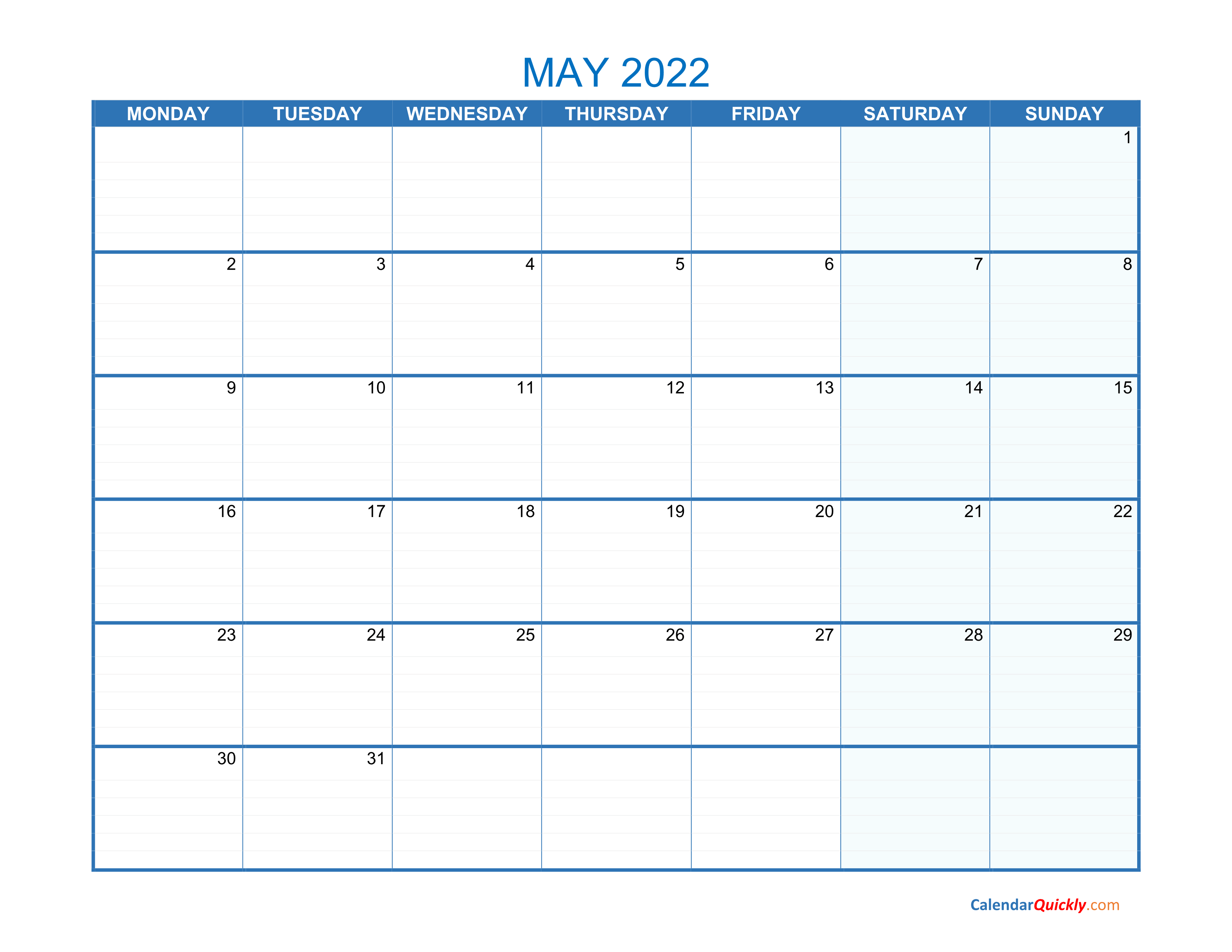 May Monday 2022 Blank Calendar Calendar Quickly