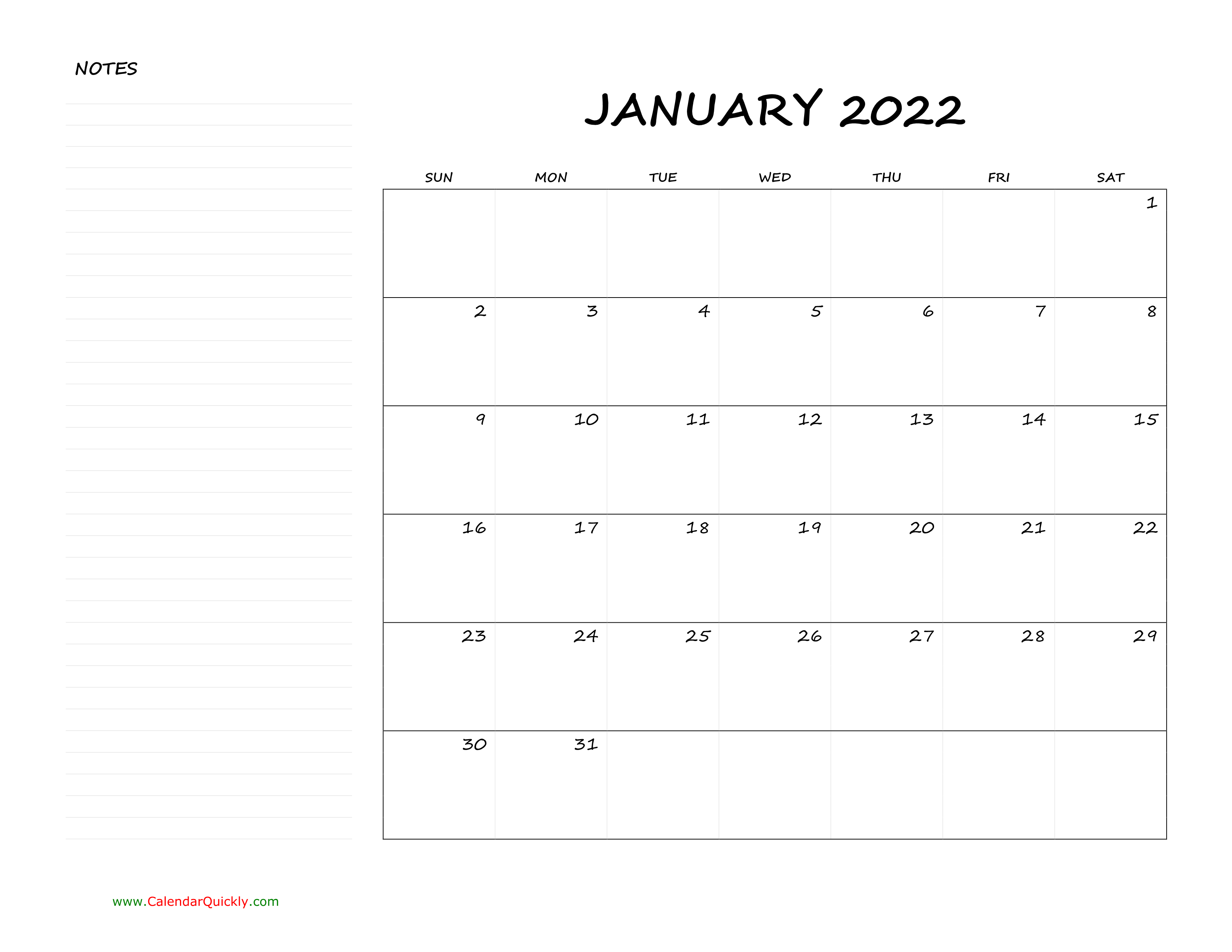 Monthly Blank Calendar 2022 with Notes Calendar Quickly