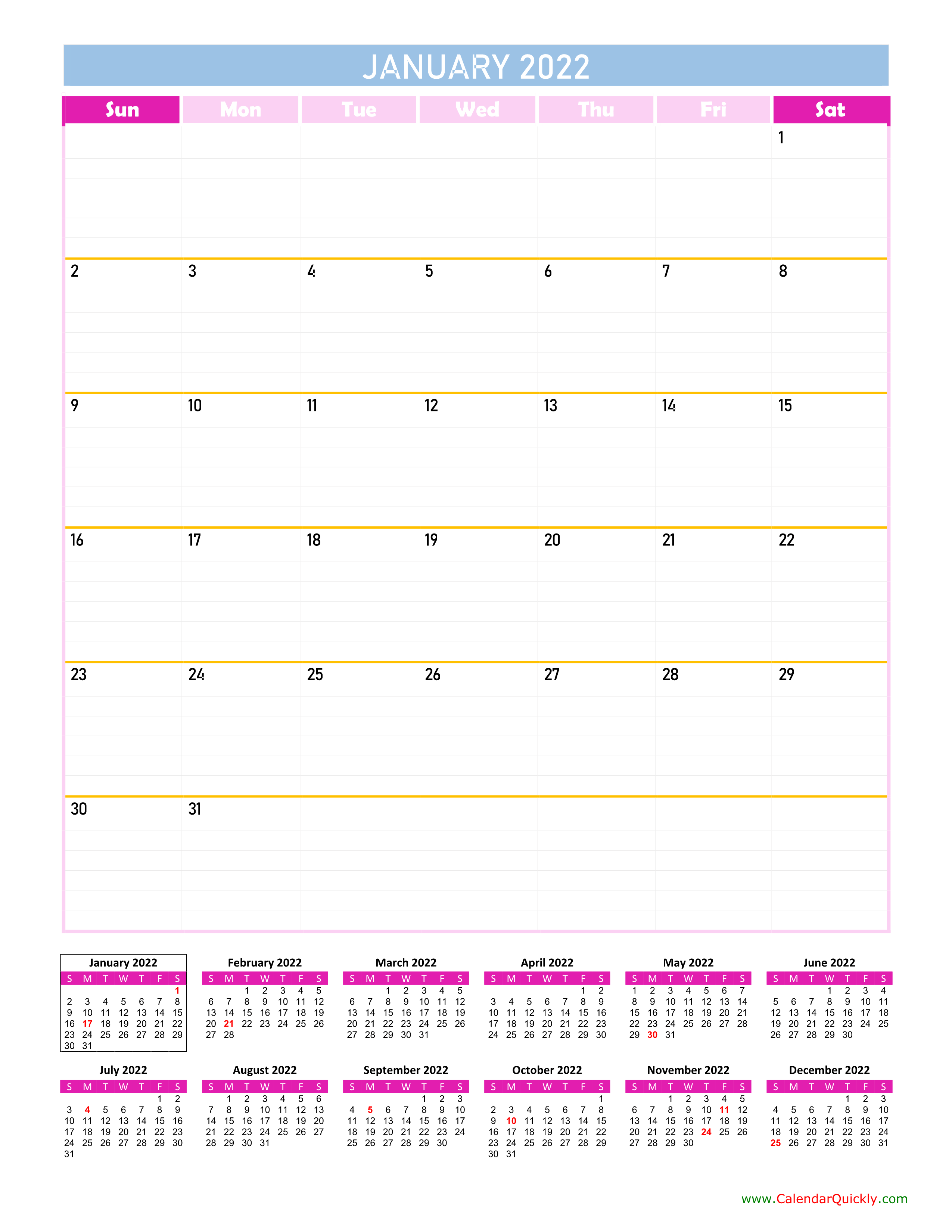 Monthly Calendar 2022 Vertical Calendar Quickly