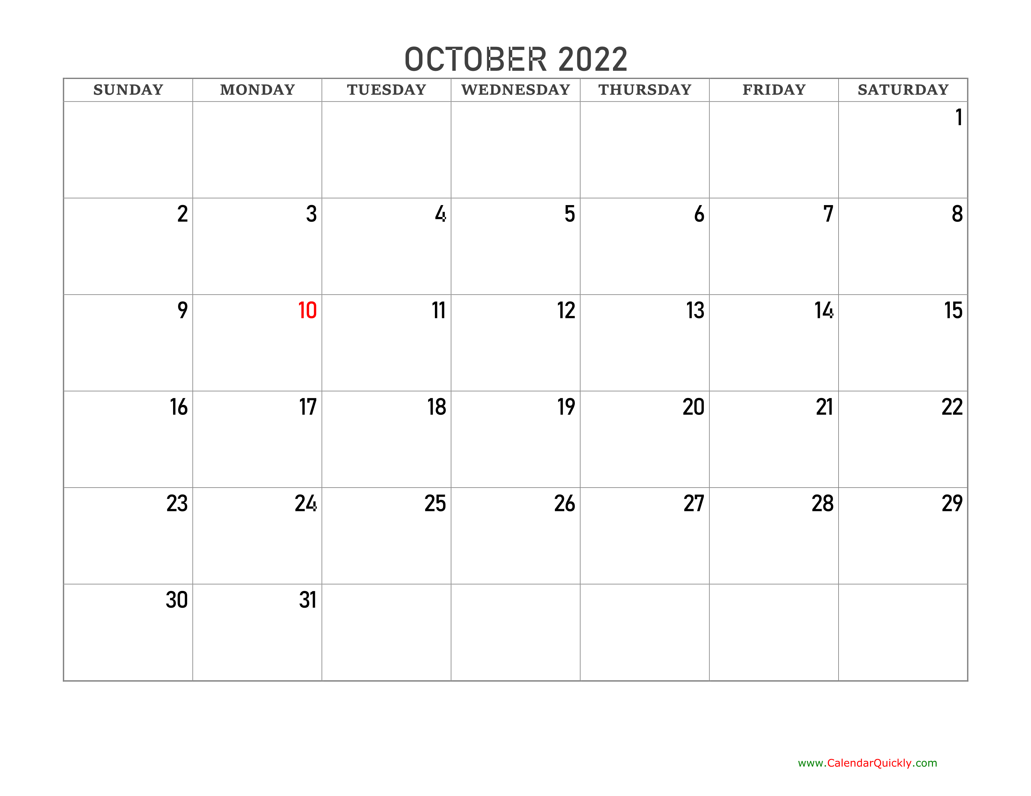 October 2022 Blank Calendar | Calendar Quickly