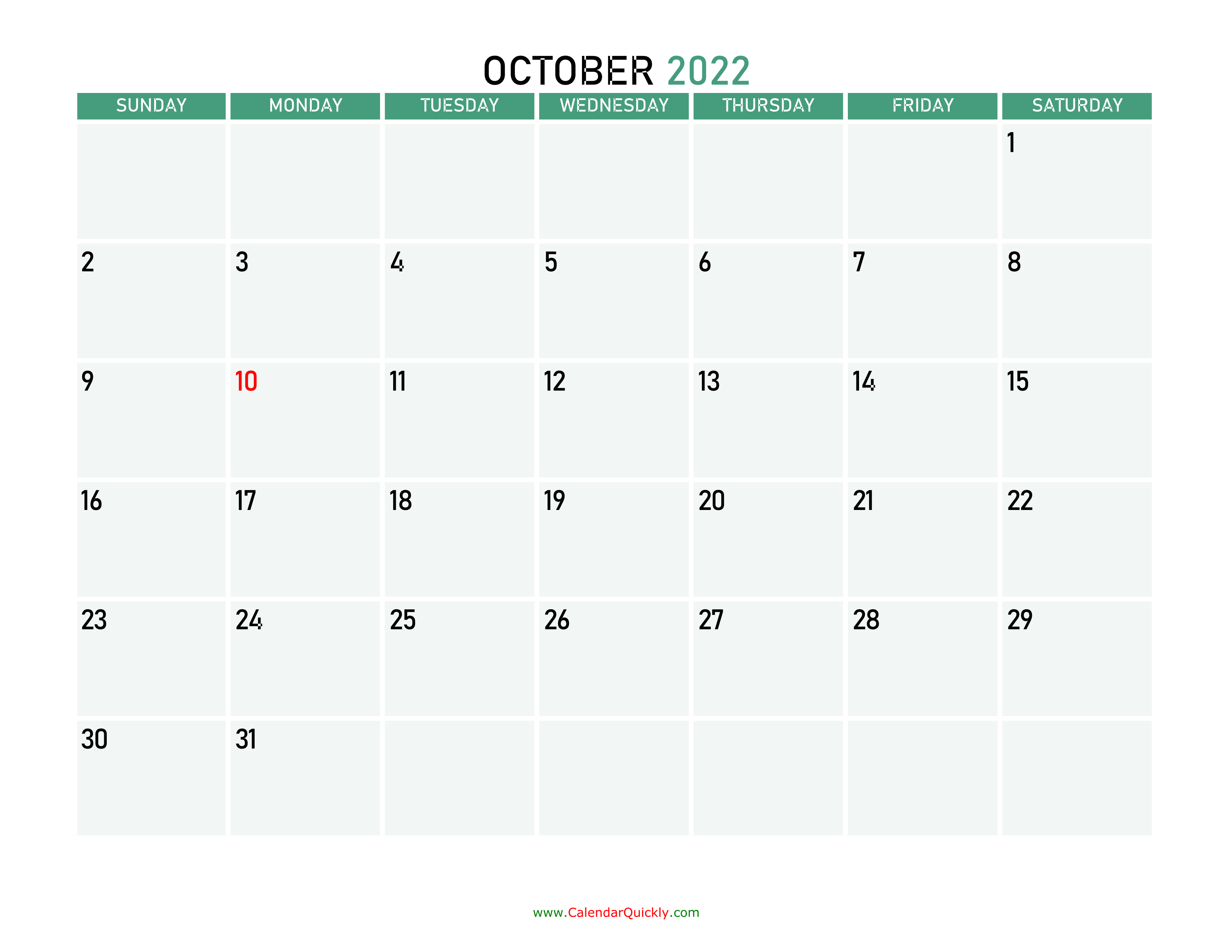 October 2022 Printable Calendar 
