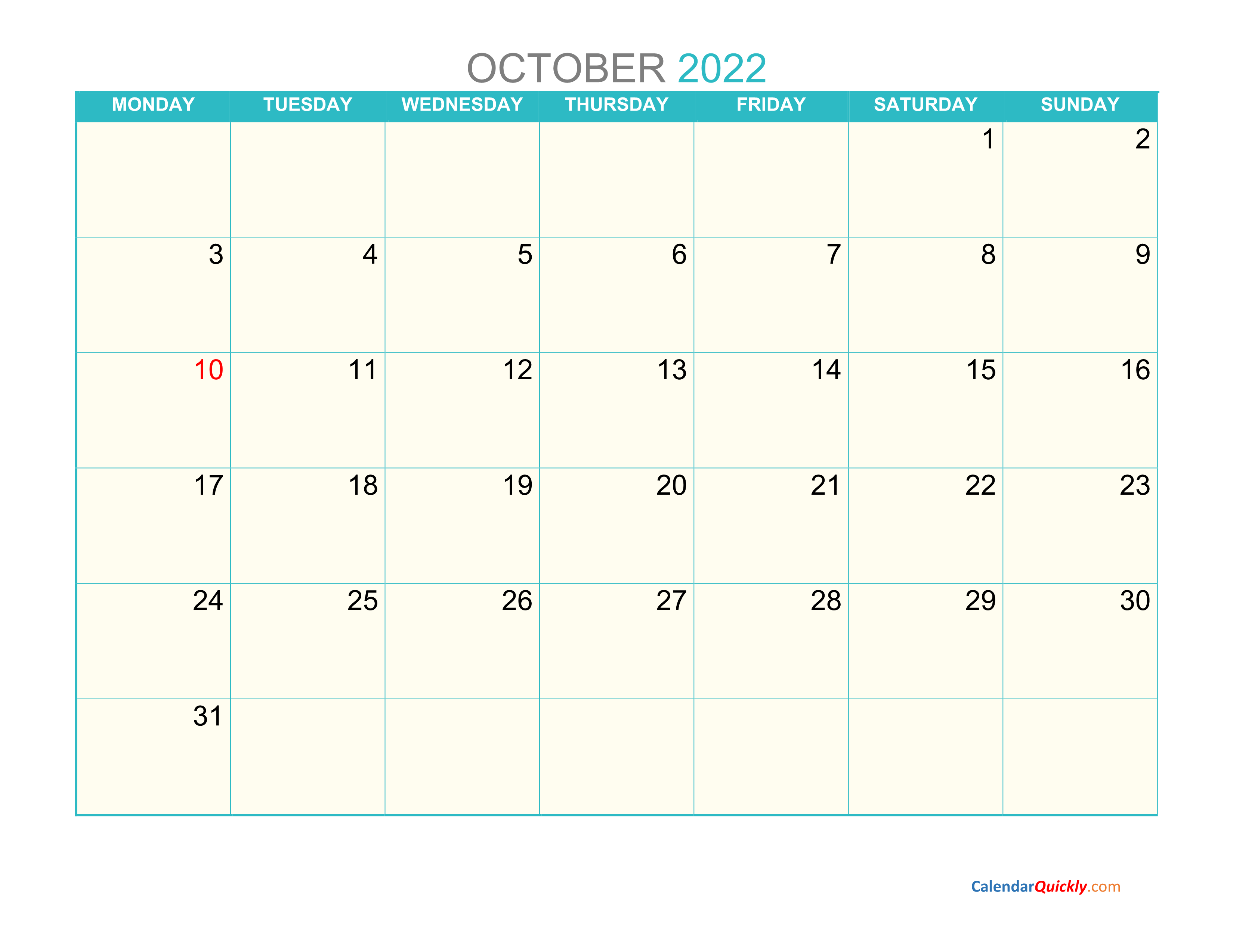 October Monday 2022 Calendar Printable Calendar Quickly