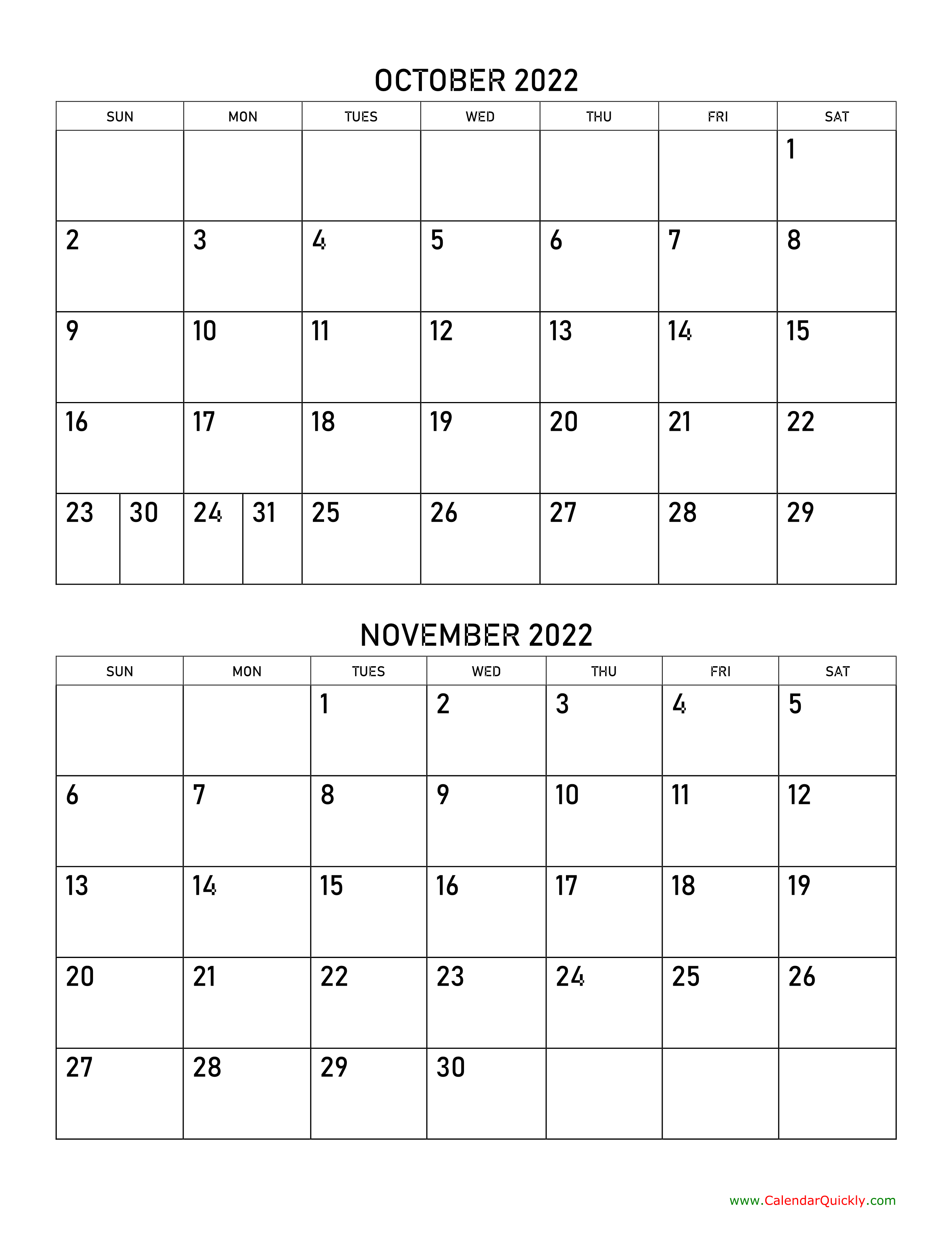 October And November 2022 Calendar Calendar Quickly