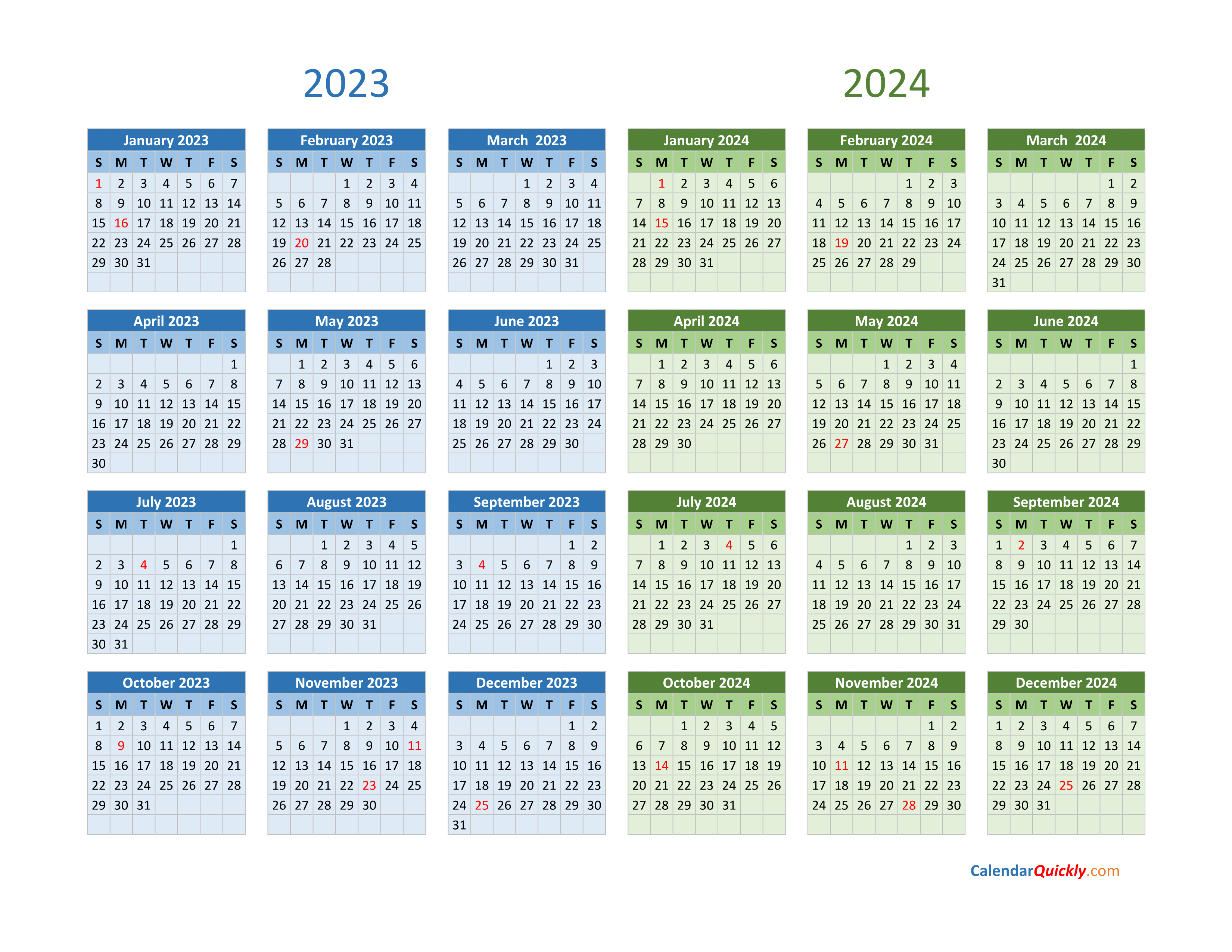 2023 and 2024 Calendar Calendar Quickly