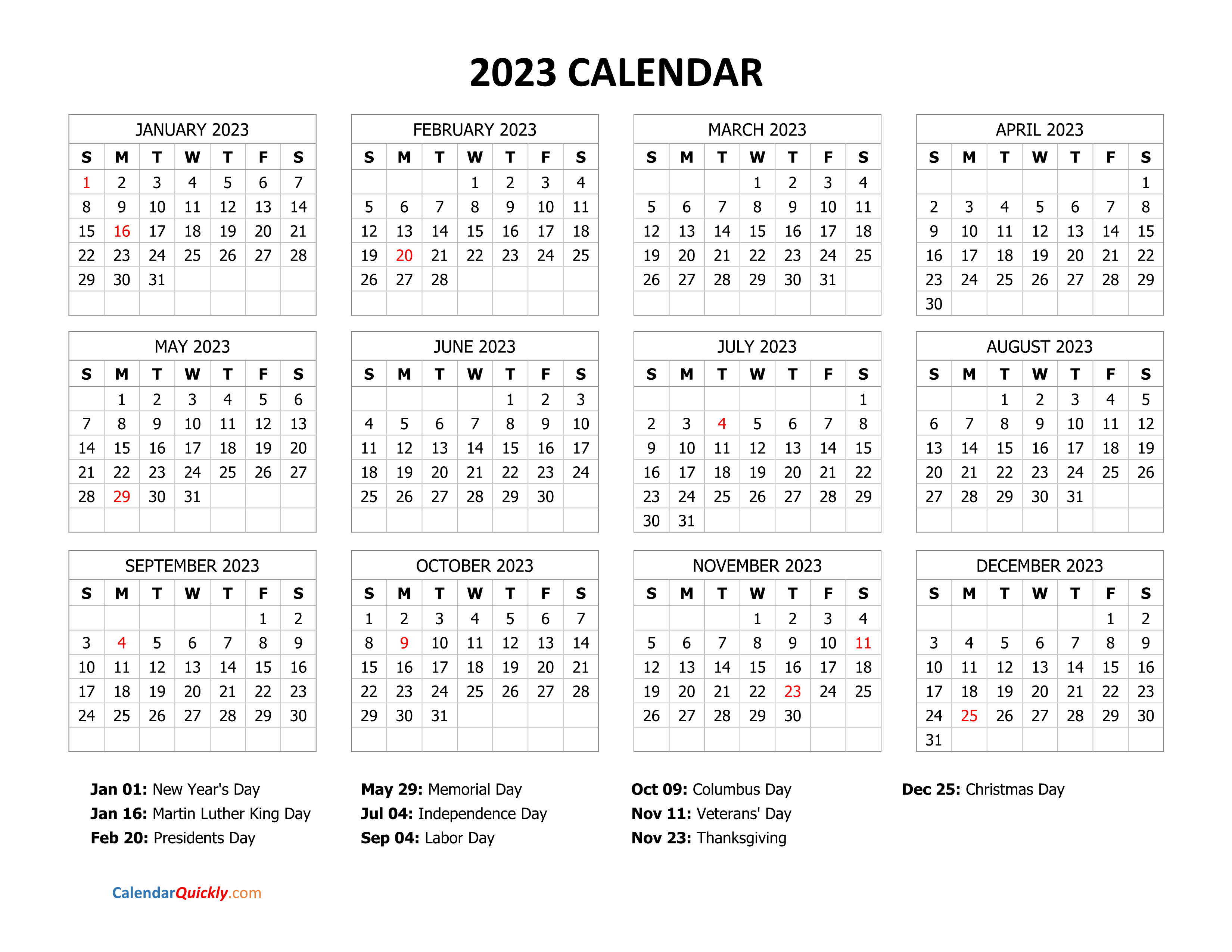 2023 Calendar with Holidays | Calendar Quickly