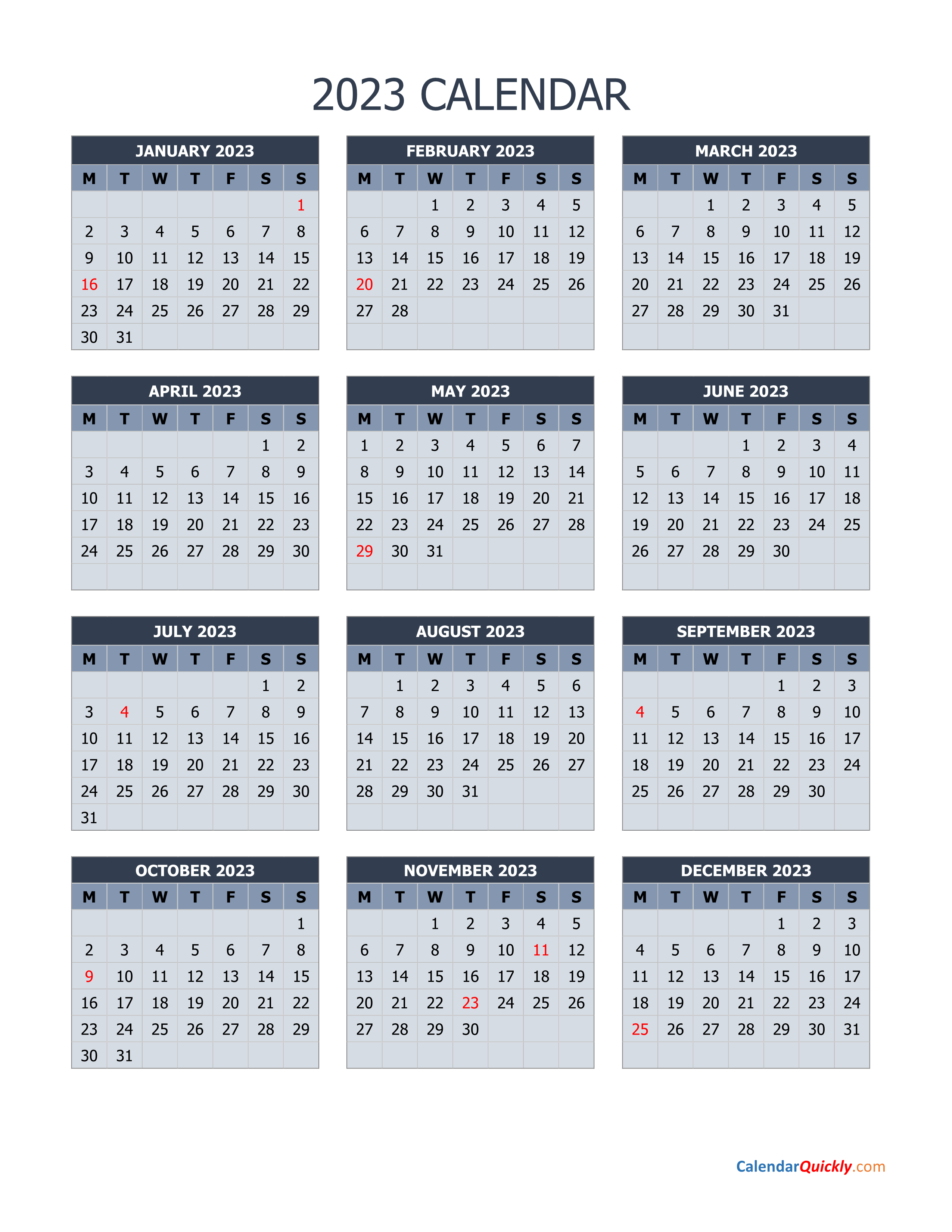 Working Week Calendar 2023