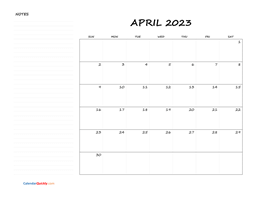 April Blank Calendar 2023 with Notes