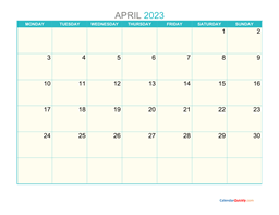 April Monday 2023 Calendar Printable