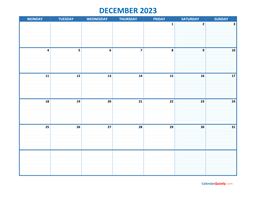 December Monday 2023 Blank Calendar