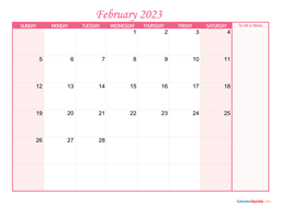 February Calendar 2023 with Notes