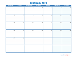 February Monday 2023 Blank Calendar