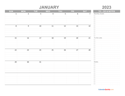 january 2023 calendar with to-do list