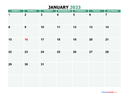 January Monday Calendar 2023 with Notes | Calendar Quickly