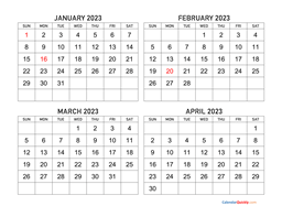 january to april 2023 calendar