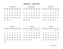 january to june 2023 calendar horizontal