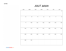 july blank calendar 2023 with notes