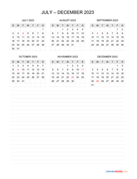 July to December 2023 Calendar with Notes