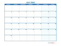 july monday 2023 blank calendar