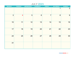 july monday 2023 calendar printable