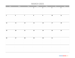 March Calendar 2023 Printable