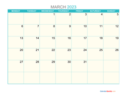 March Monday 2023 Calendar Printable