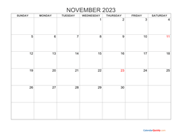 November Monday Calendar 2023 with Notes | Calendar Quickly