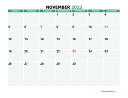 November Calendar 2023 Vertical | Calendar Quickly