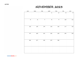 November Blank Calendar 2023 with Notes