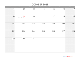 October Calendar 2023 with Holidays