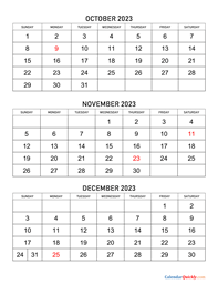 october to december 2023 calendar