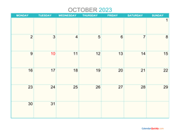 October Monday 2023 Calendar Printable