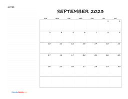 September Blank Calendar 2023 with Notes