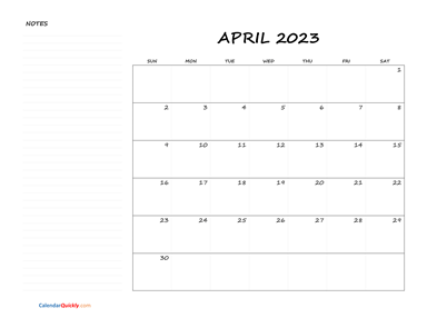 April Blank Calendar 2023 with Notes