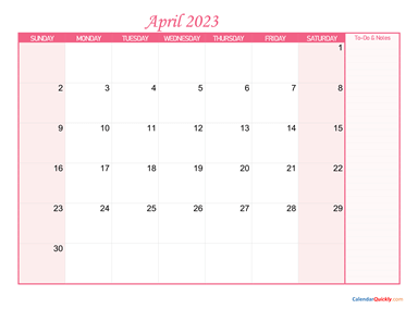 April Calendar 2023 with Notes